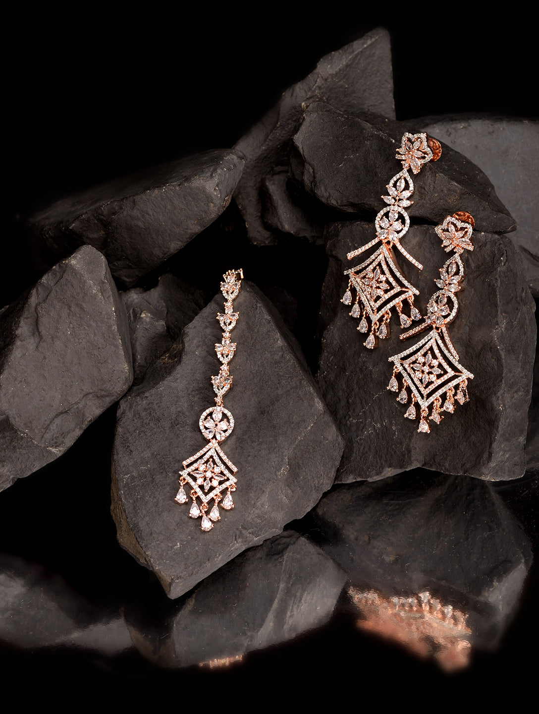 Rose Gold plated AD studded Mangtika & Earring set